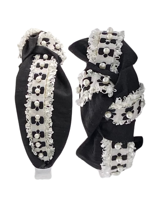 White with Black Flower and Pearls on Black Silk