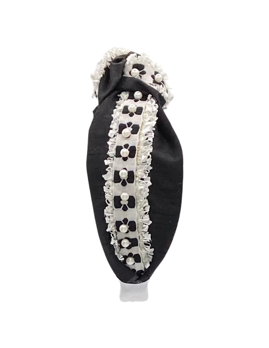 White with Black Flower and Pearls on Black Silk