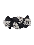 Load image into Gallery viewer, White with Black Flower and Pearls on Black Silk