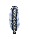 Load image into Gallery viewer, Blue and white stripe with pearl trim