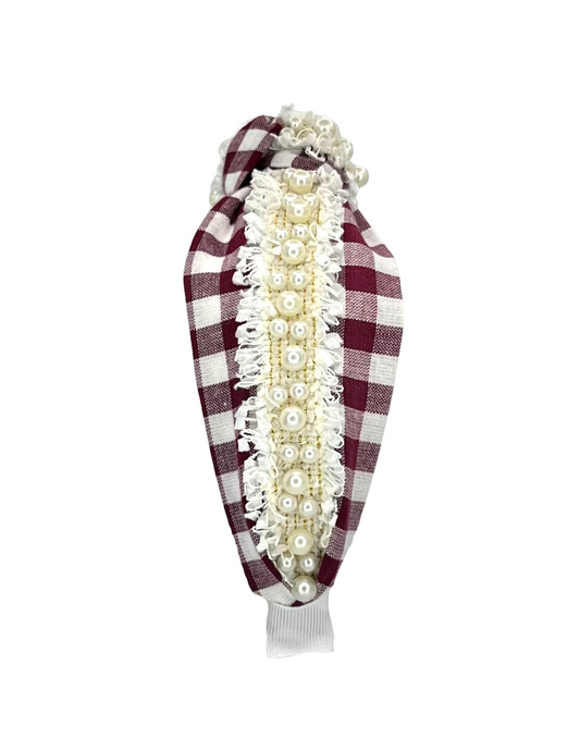 Oversized Maroon Gingham and Pearl Trim