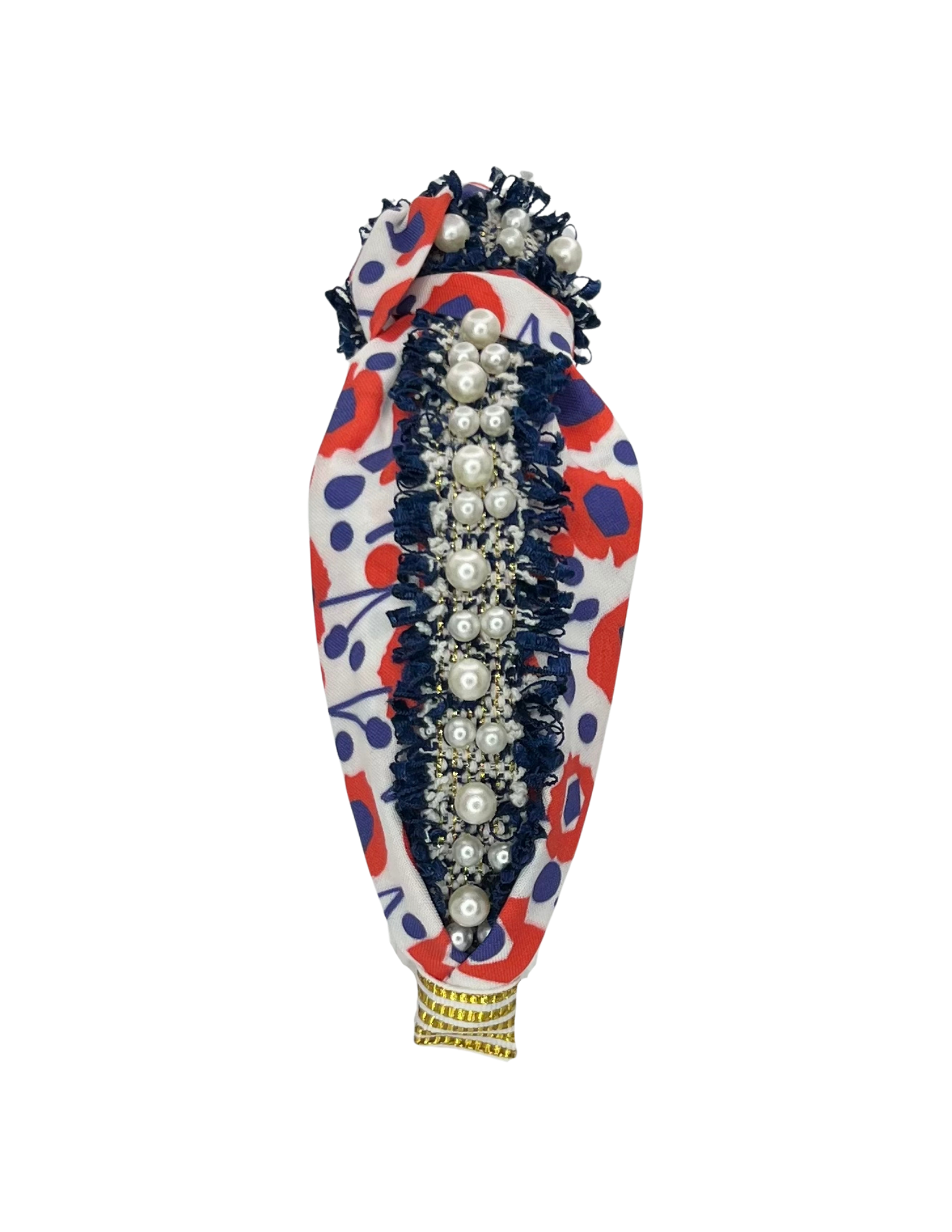 Navy Pearl Trim on Red and Blue Floral