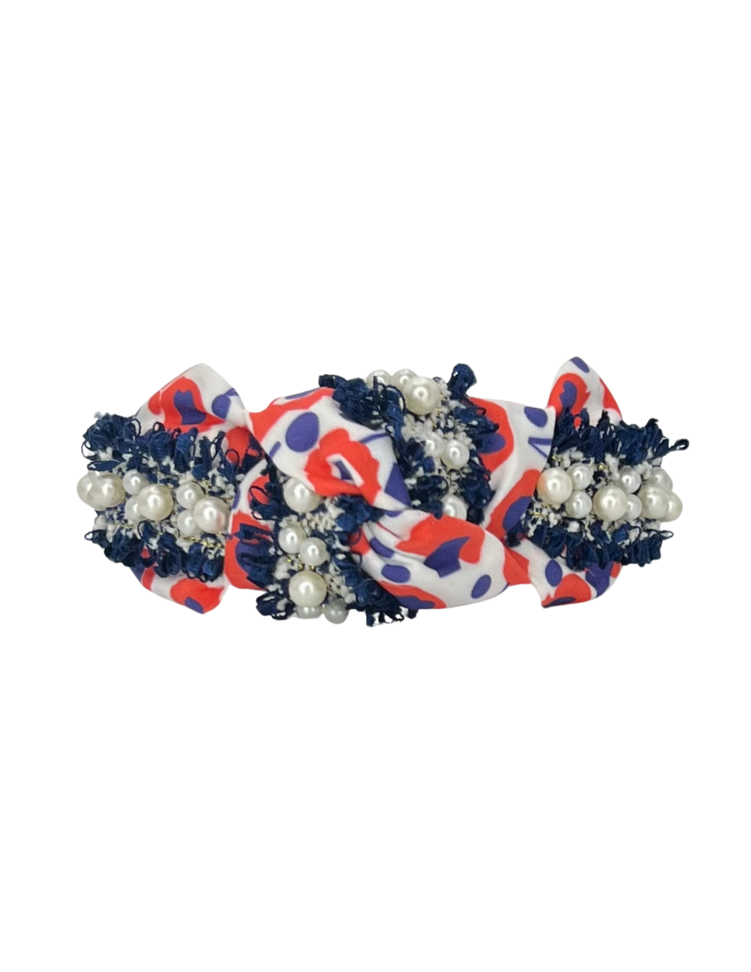 Navy Pearl Trim on Red and Blue Floral