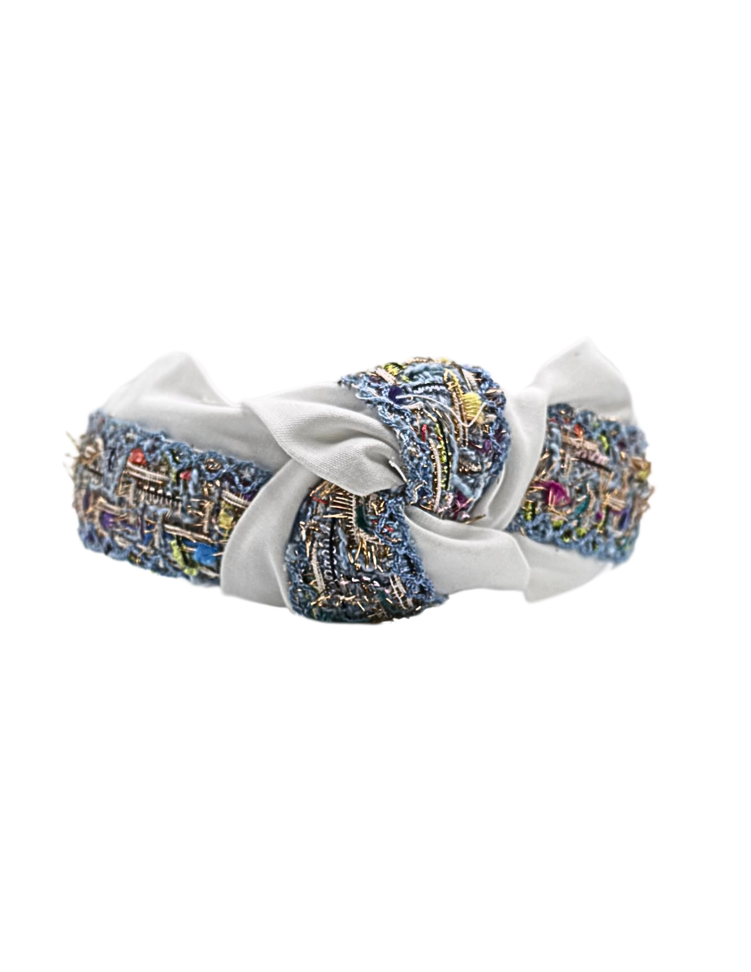Bright White with Blue Tweed Trim