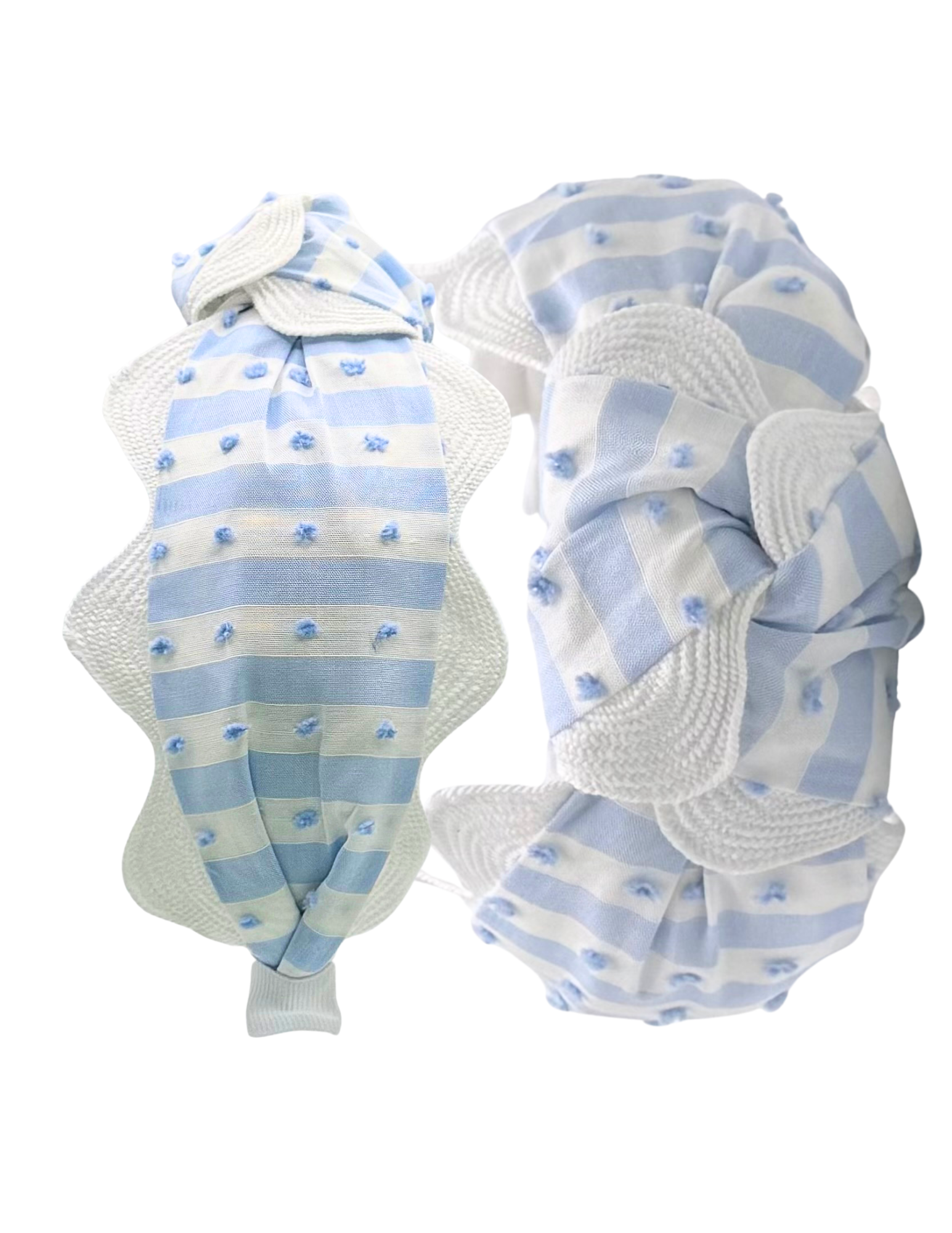 Blue and White Swiss dot with Large White Scallop