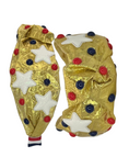 Load image into Gallery viewer, White Stars with Red and Blue Dots on Gold Lame
