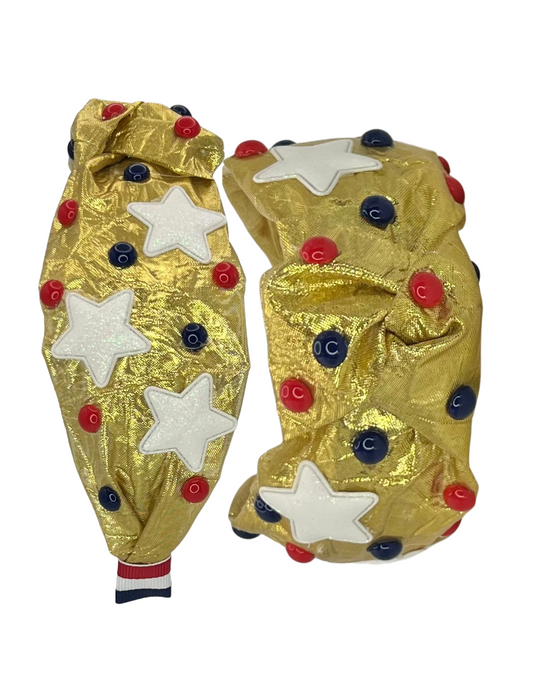 White Stars with Red and Blue Dots on Gold Lame