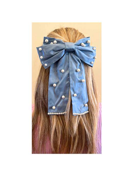 Blue Dupioni and Pearl Bow