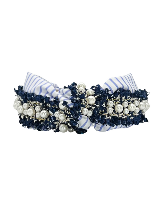 Blue and white stripe with pearl trim