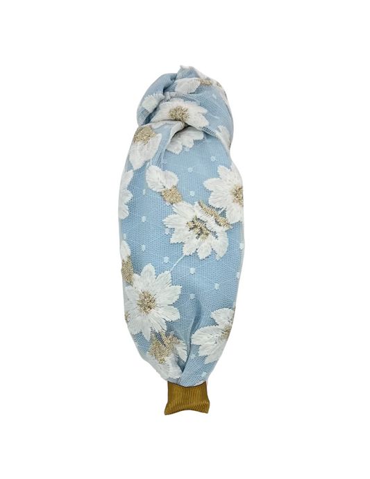 White and Gold Flowers Overlay on Light Blue