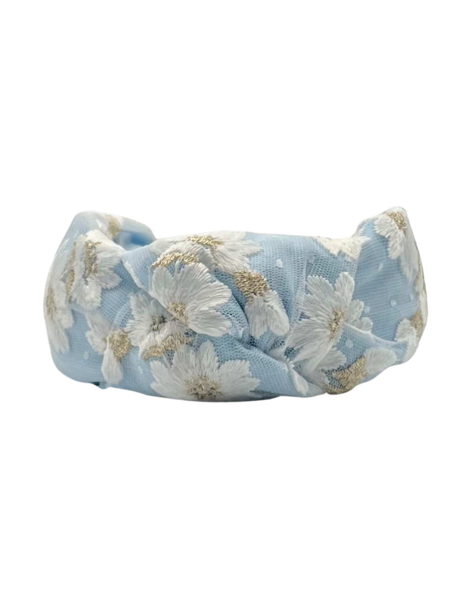 White and Gold Flowers Overlay on Light Blue