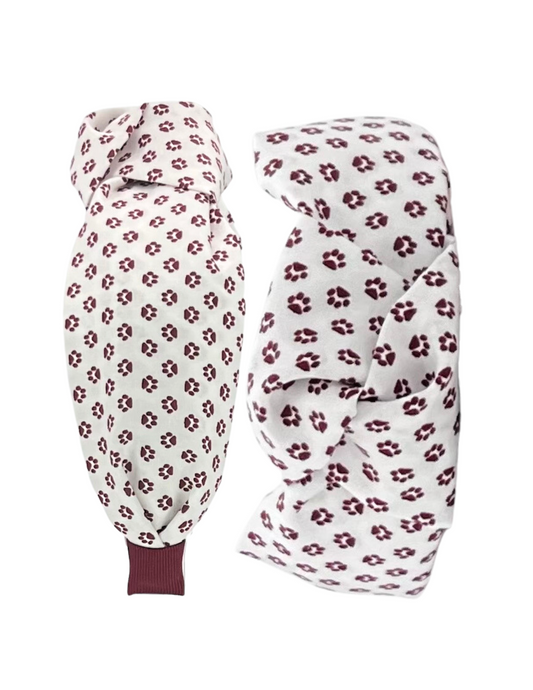 Maroon Paw Prints on White Knot Headband