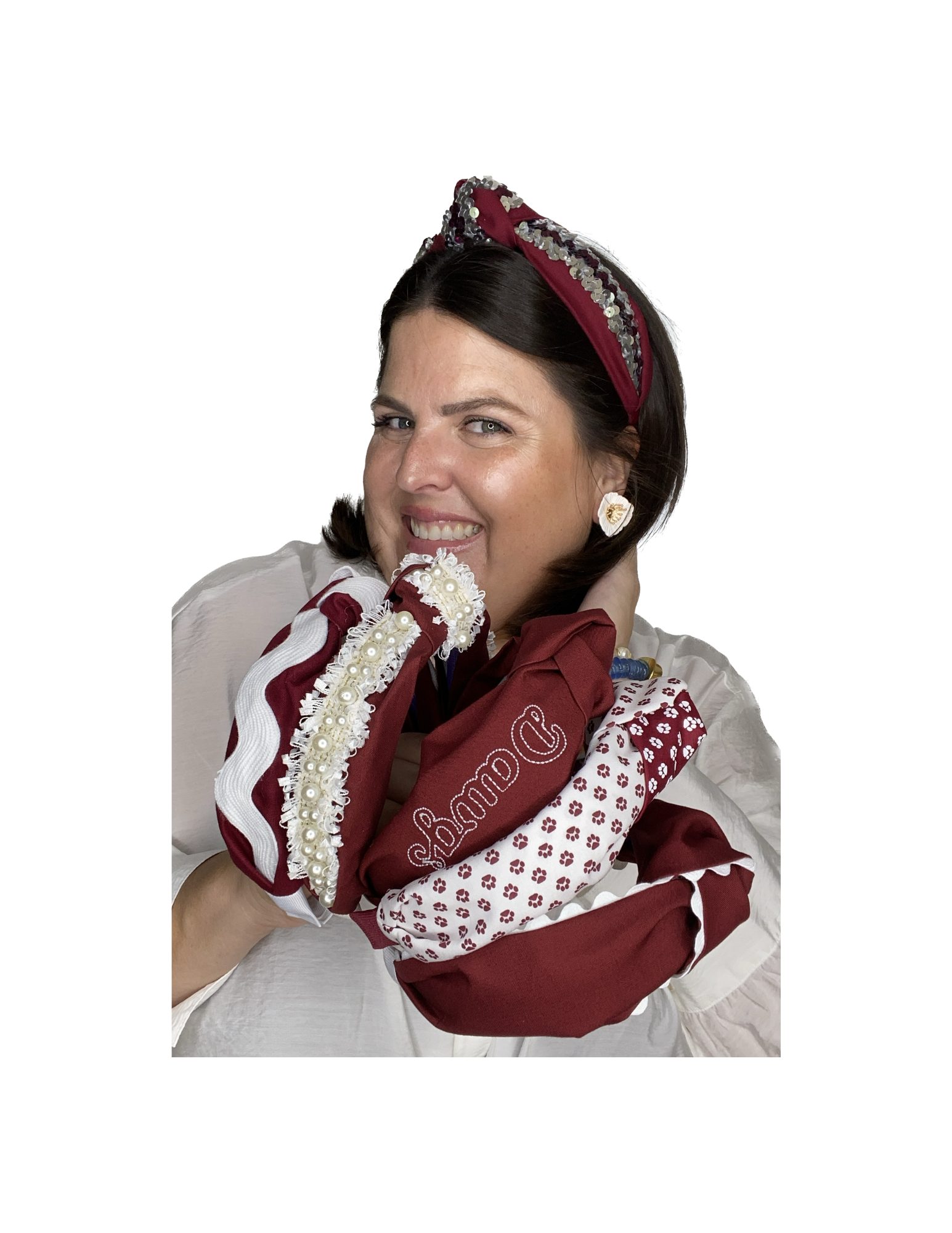 Maroon Paw Prints on White Knot Headband