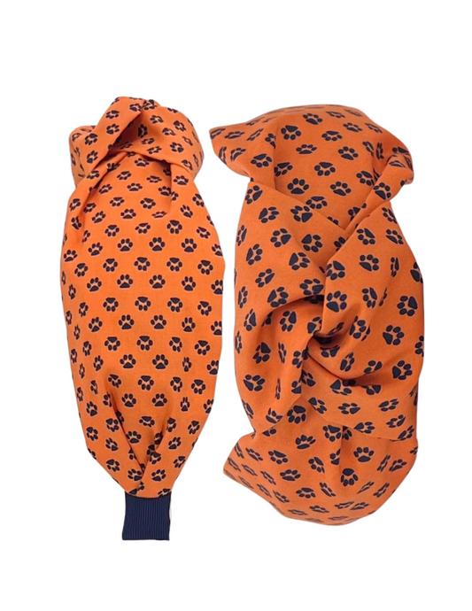 Navy Paws on Orange Knot Headband