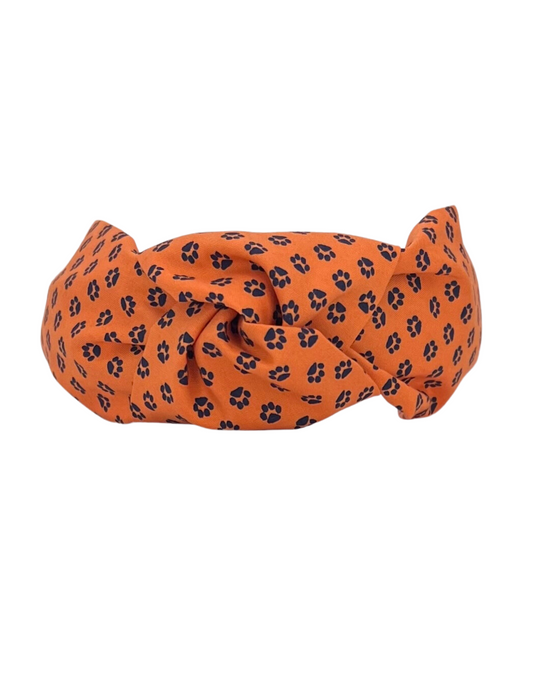 Navy Paws on Orange Knot Headband