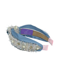 Load image into Gallery viewer, Pastel Pearl and Rhinestone Trim on Blue Silk
