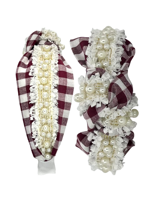 Oversized Maroon Gingham and Pearl Trim