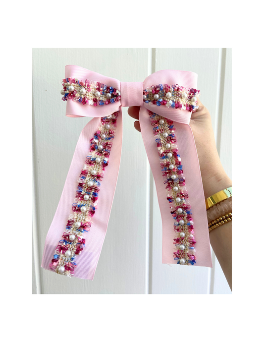 Pink and Blue Pearl trim on Pink Ribbon