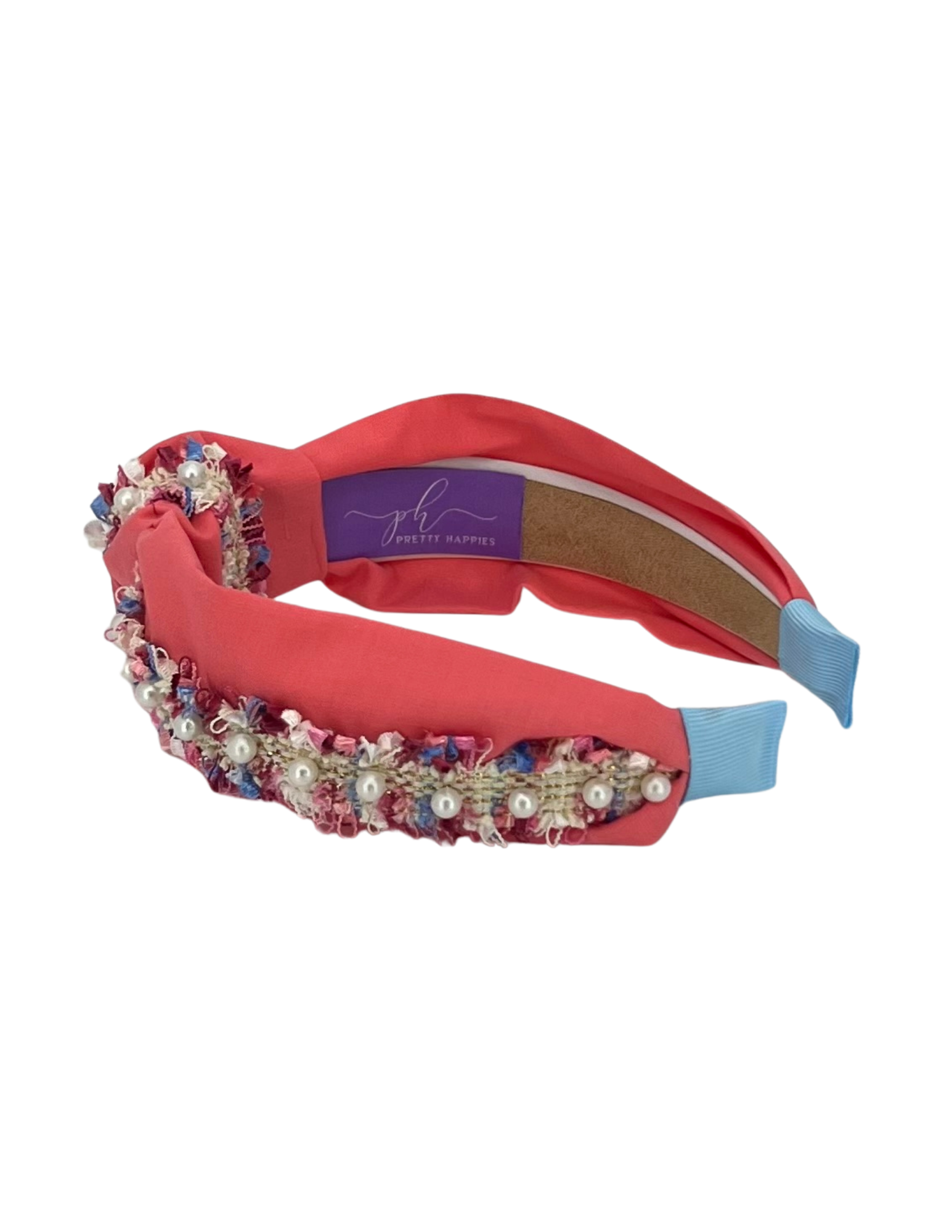 Pink and Blue Pearl Trim on Bright Coral