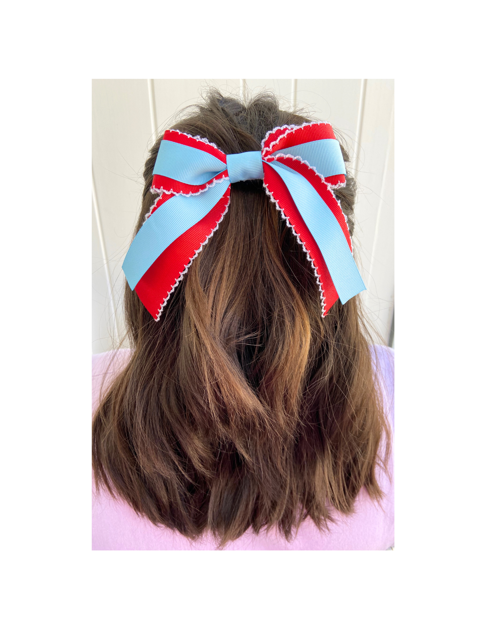 Red Scalloped and Powder Blue Ribbon Bow