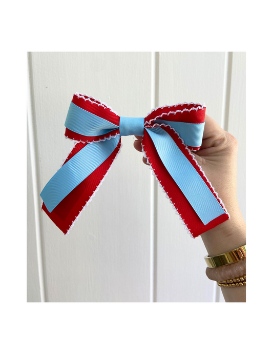 Red Scalloped and Powder Blue Ribbon Bow