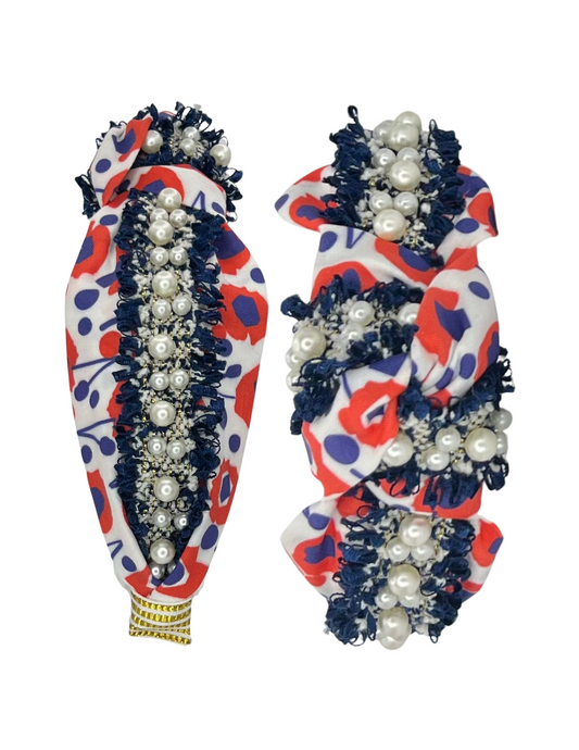Navy Pearl Trim on Red and Blue Floral