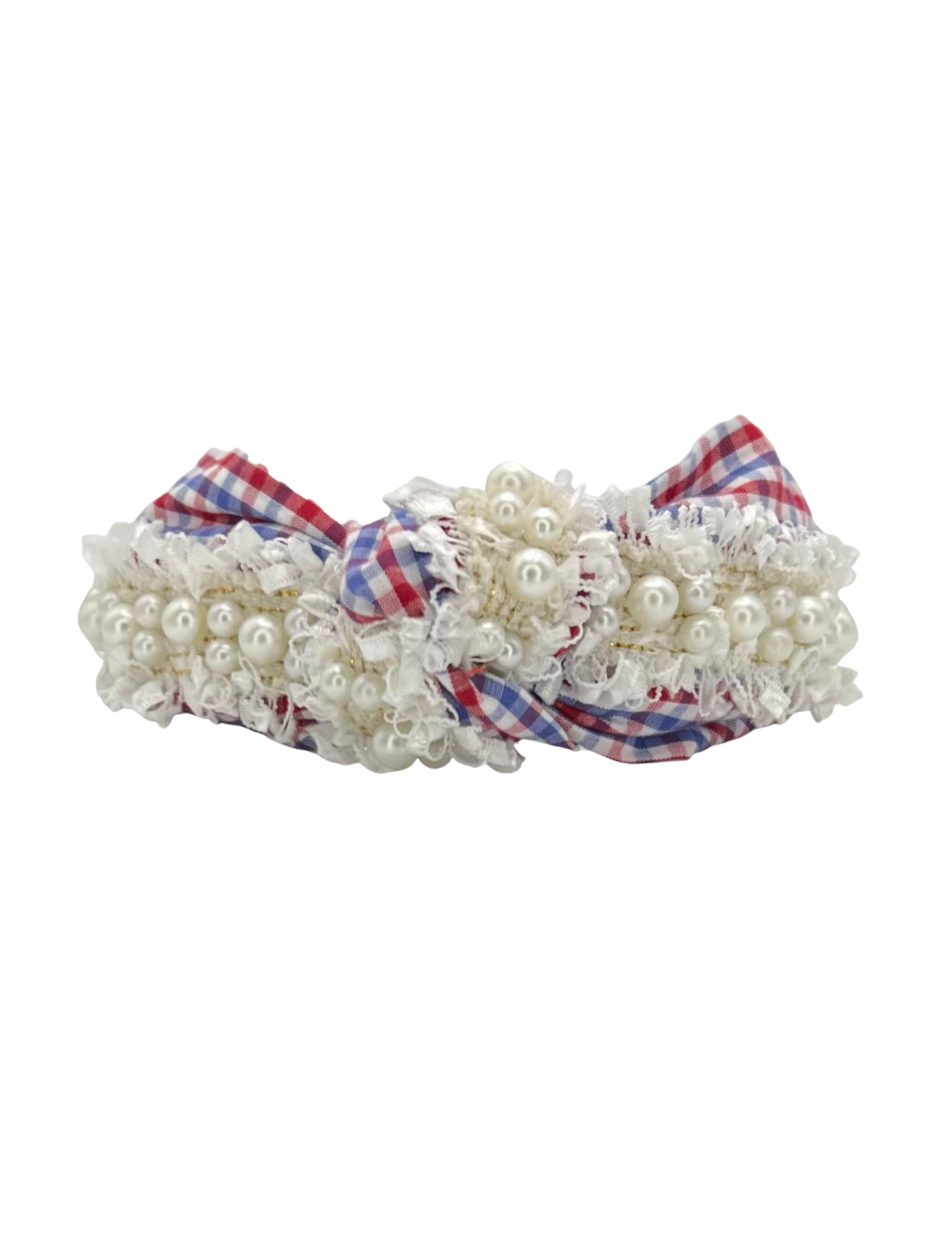 Red & Blue Gingham with Pearl Trim