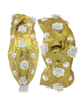 Load image into Gallery viewer, Cream Flower Embellishments and Pearls on Gold Lame
