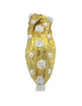 Load image into Gallery viewer, Cream Flower Embellishments and Pearls on Gold Lame
